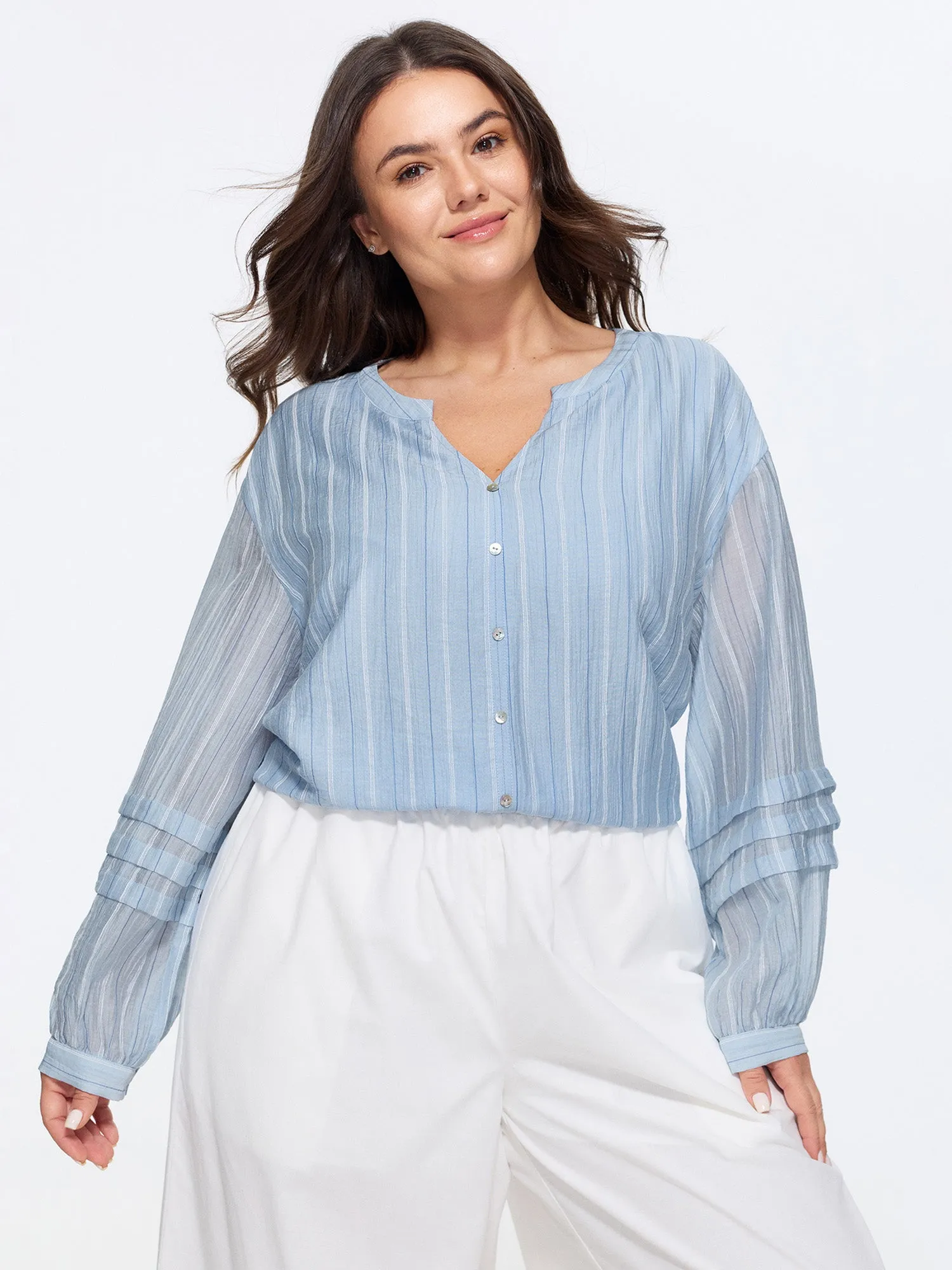 Sheer Striped Print Pleated Sleeve Blouse sold by Bloomchic product image thumbnail 4