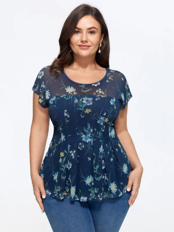 Stretchy Sheer Floral Mesh Pleated Top made by Bloomchic