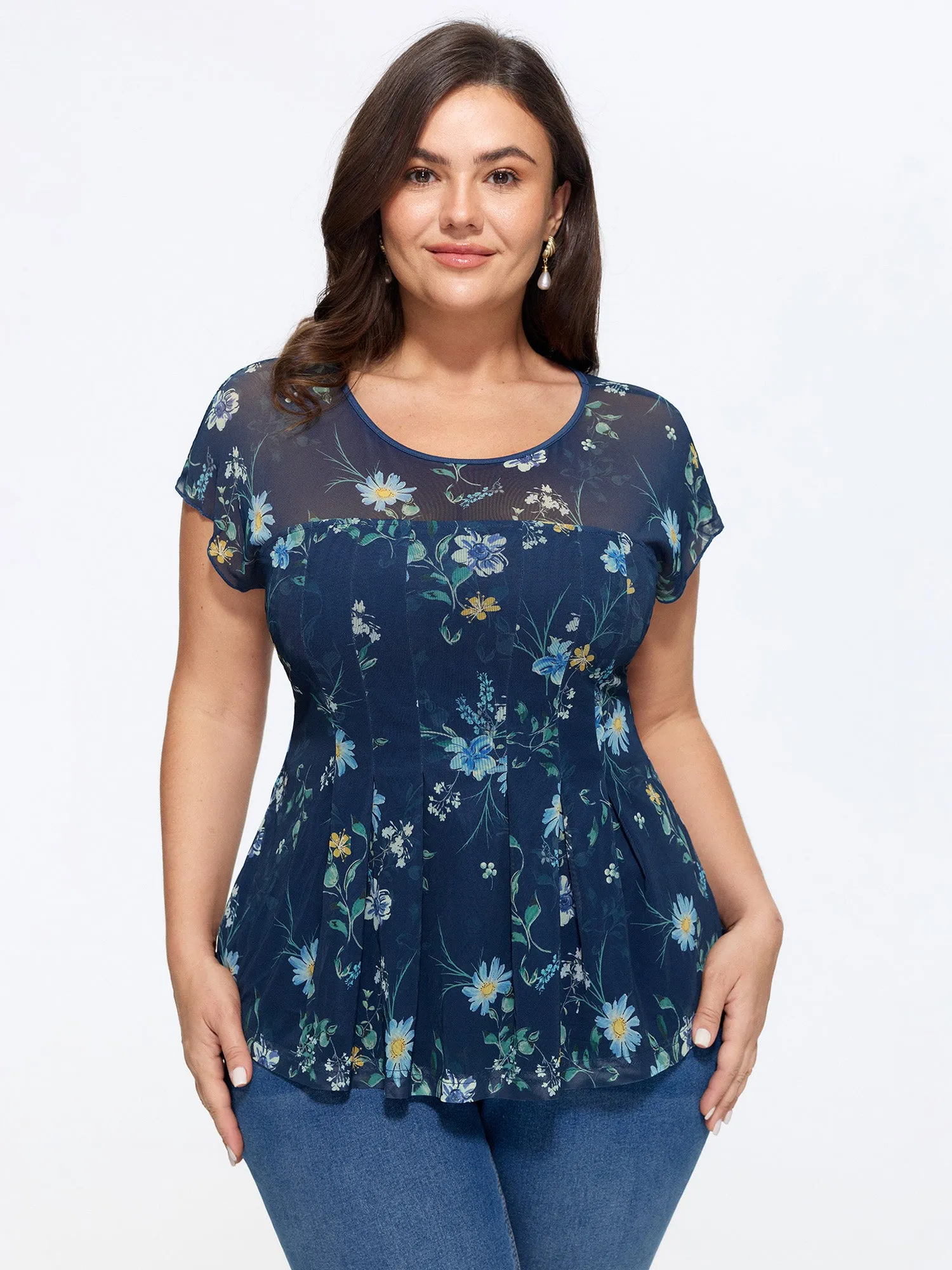 Stretchy Sheer Floral Mesh Pleated Top sold by Bloomchic