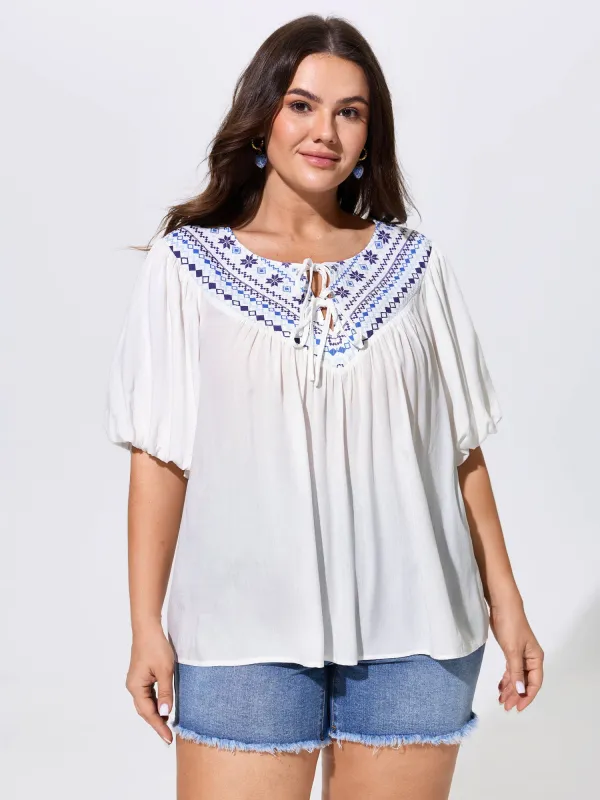 Boho Print Neck-Tie Puff Sleeve Blouse made by Bloomchic