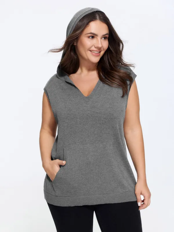 V Neck Hooded Pocket Sleeveless Sweater Vest made by Bloomchic