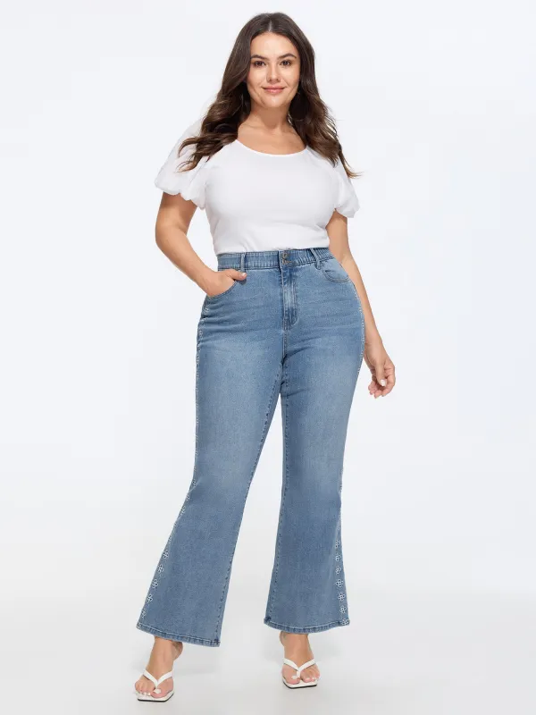 Stretchy Vintage Wash Floral Embroidery Bootcut Jeans made by Bloomchic