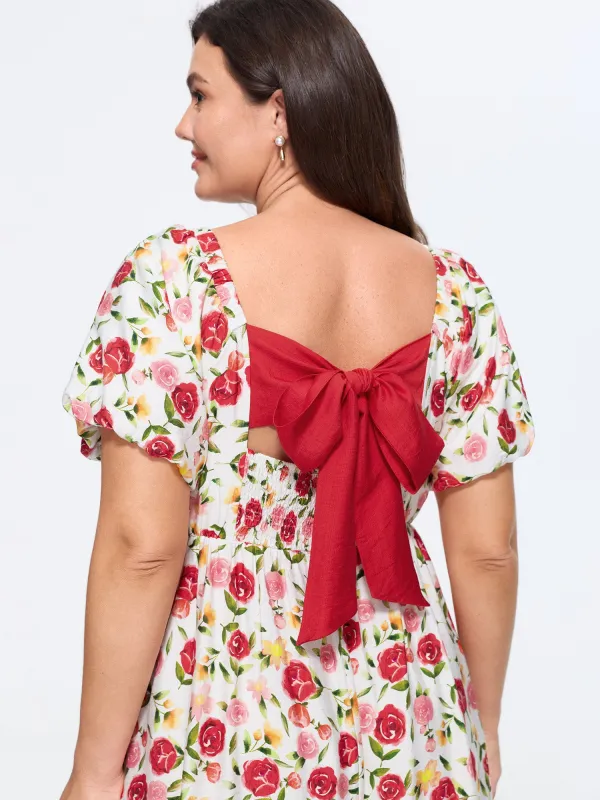 Rose Print Back Bow Detail Midi Dress made by Bloomchic