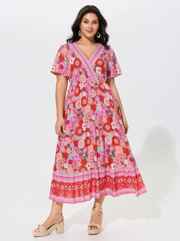 Supersoft Colorful Floral Print Ruffle Sleeve Maxi Dress made by Bloomchic