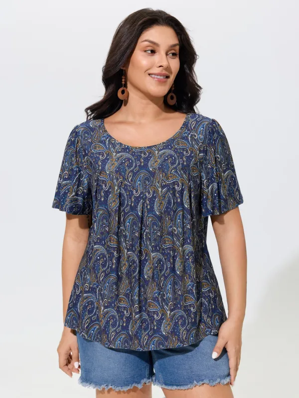 Paisley Print Round Neck Front Pleated Top made by Bloomchic