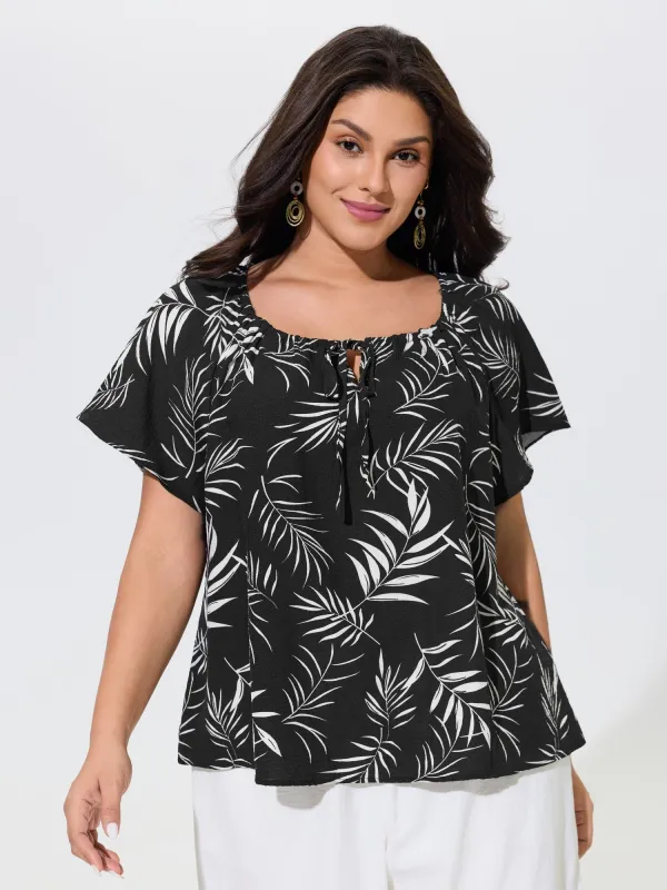 Palm Leaf Print Drawstring Neck Blouse made by Bloomchic
