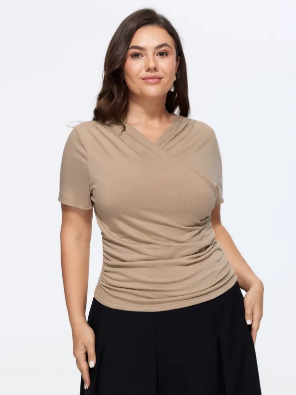Stretchy Solid Surplice Neck Ruched Fitted Knit Top made by Bloomchic