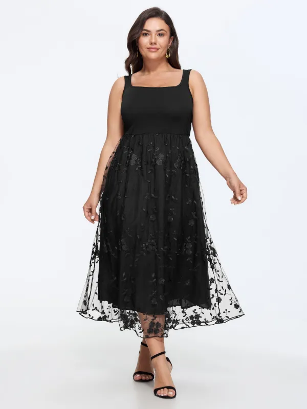 Floral Embroidered Mesh Square Neck Cami Midi Dress made by Bloomchic