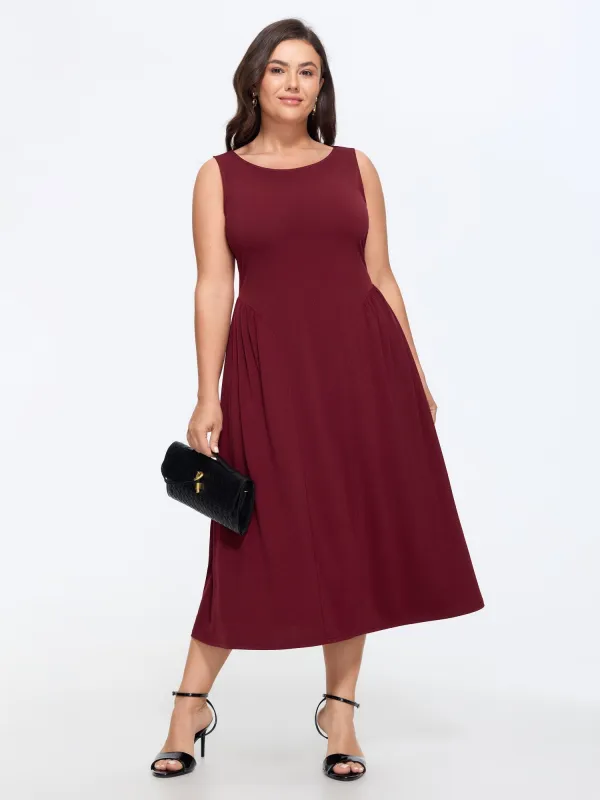 Stretchy Solid Side Ruched Sleeveless Midi Dress made by Bloomchic