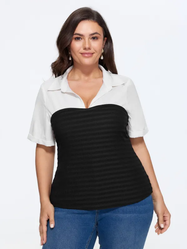 Shirt Collar Color Block Patchwork Top made by Bloomchic