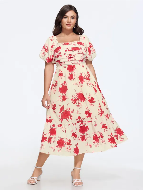 Floral Print Puff Sleeve Ruched Tiered Midi Dress made by Bloomchic