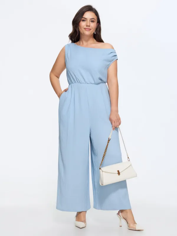 Textured One Shoulder Pocket Wide Leg Jumpsuit made by Bloomchic