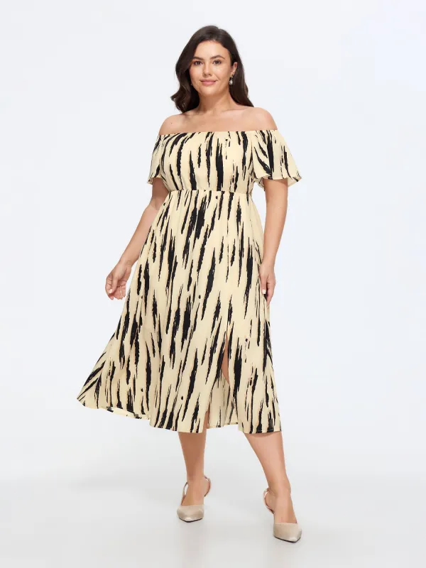Abstract Print Off Shoulder Side Slit Midi Dress made by Bloomchic