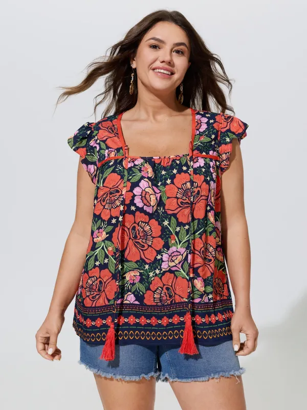 Vibrant Floral Print Flutter Sleeve Blouse made by Bloomchic