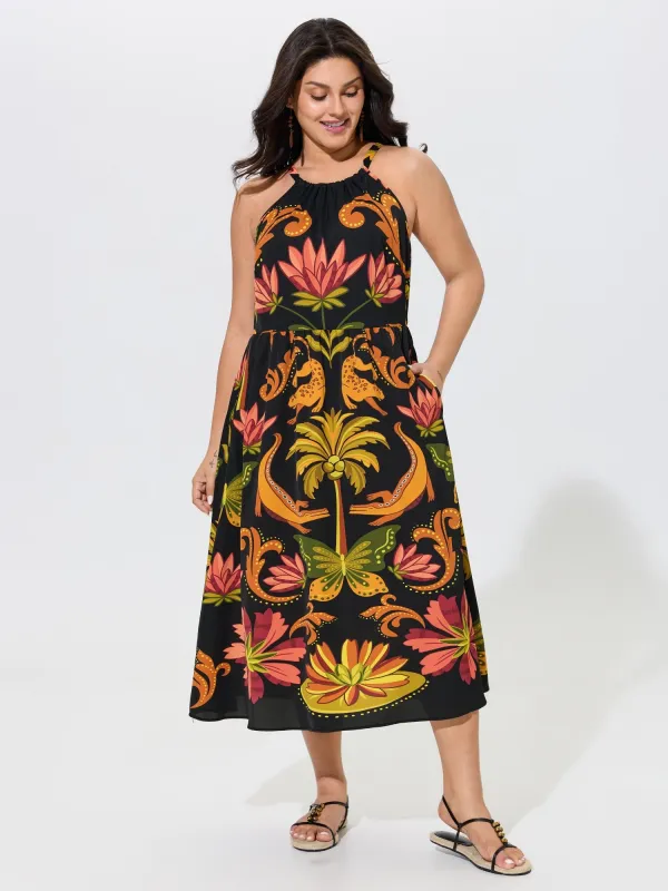 Tropical Print Halter Neck Midi Dress made by Bloomchic