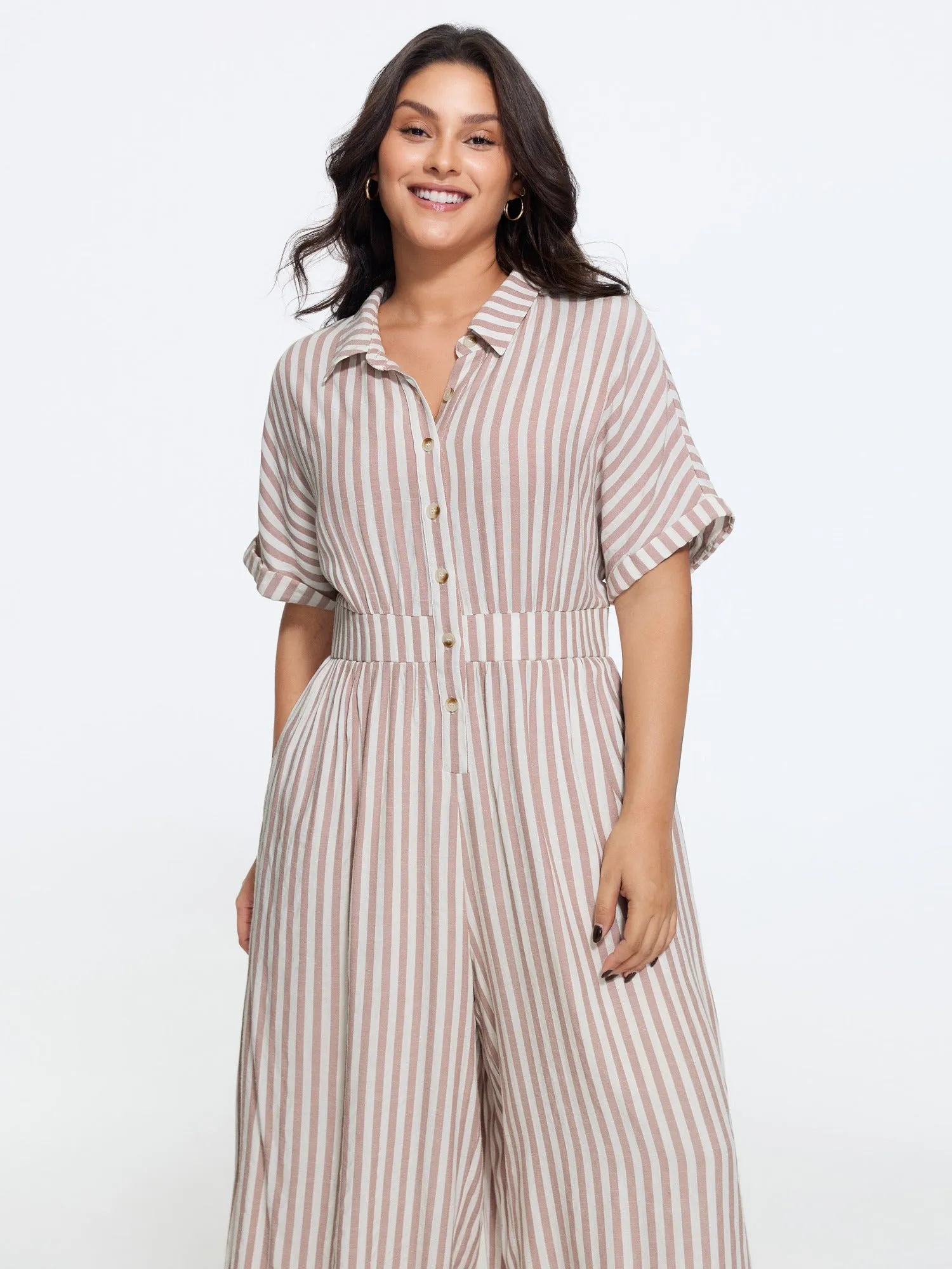 Stripe Print Half Button Cinched Waist Wide Leg Jumpsuit sold by Bloomchic product image thumbnail 4