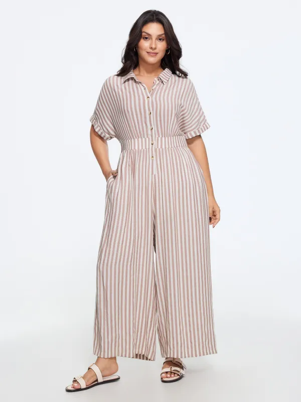 Stripe Print Half Button Cinched Waist Wide Leg Jumpsuit made by Bloomchic