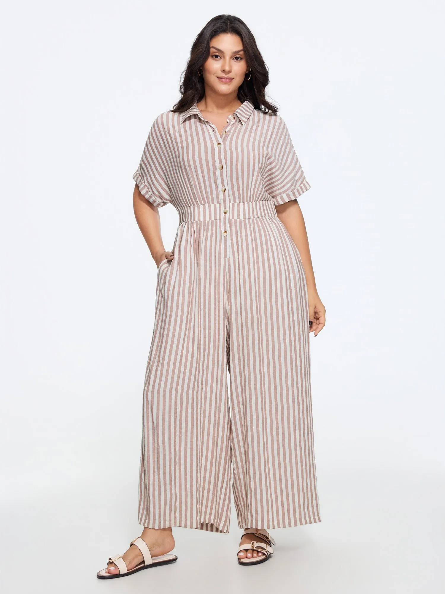 Stripe Print Half Button Cinched Waist Wide Leg Jumpsuit sold by Bloomchic