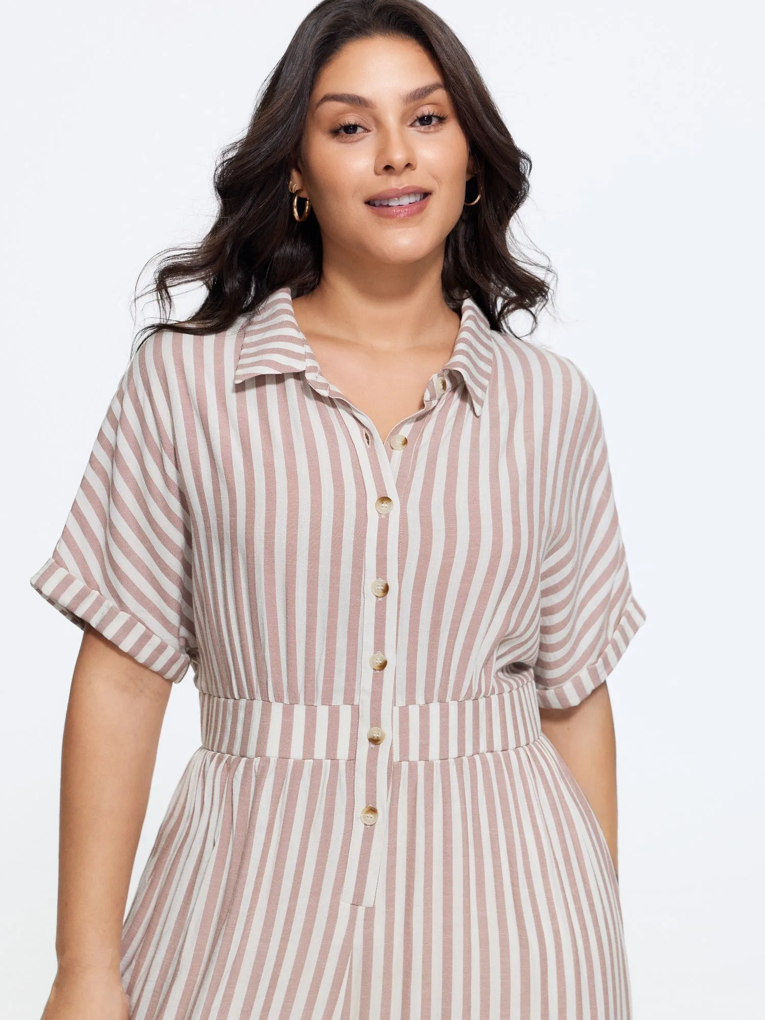 Stripe Print Half Button Cinched Waist Wide Leg Jumpsuit sold by Bloomchic product image thumbnail 2