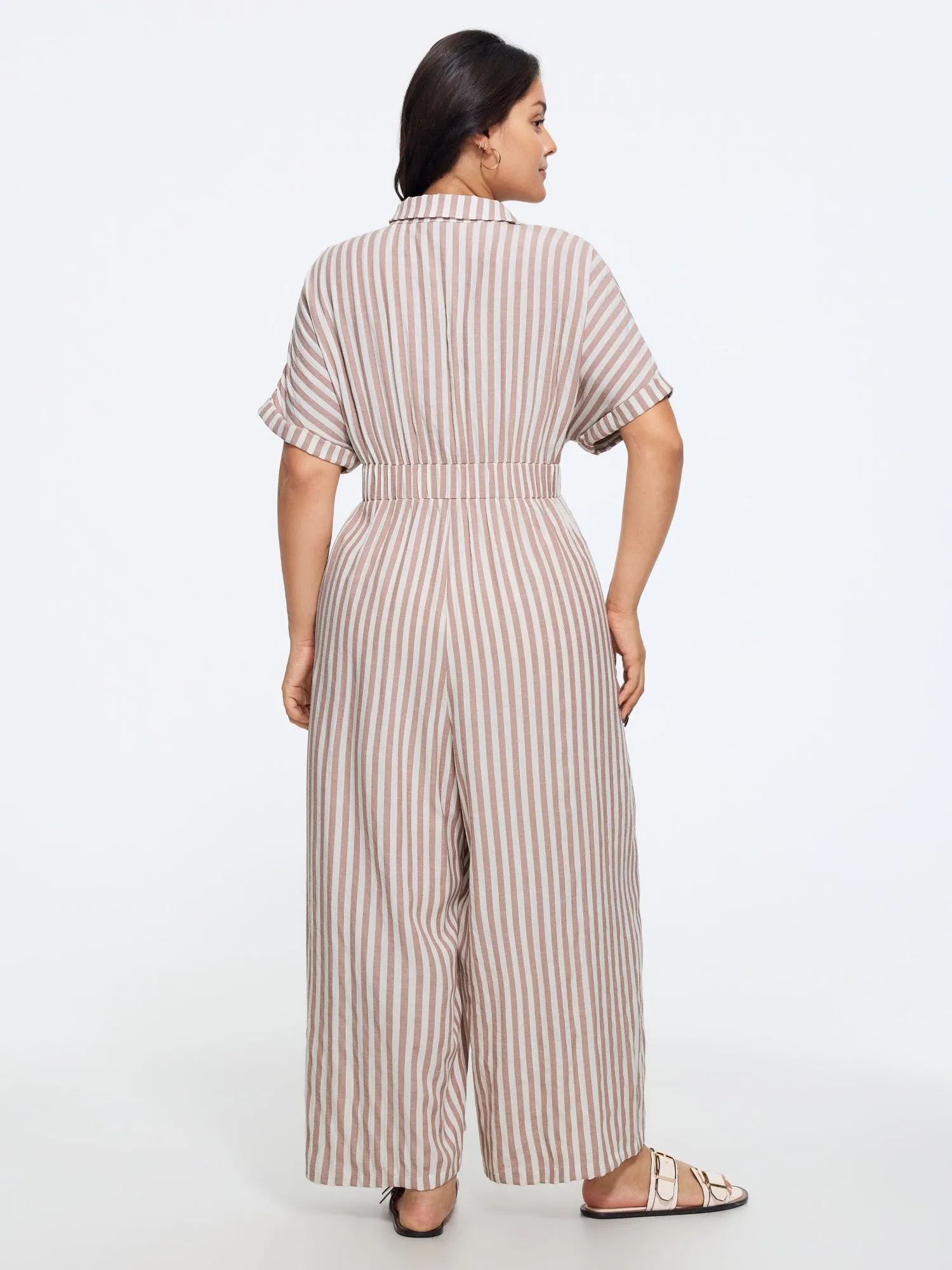 Stripe Print Half Button Cinched Waist Wide Leg Jumpsuit sold by Bloomchic product image thumbnail 3