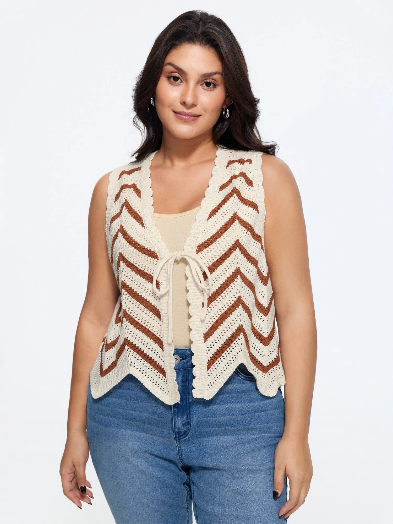 Scallop Edge Chevron Knit Front Tie Sweater Vest sold by Bloomchic product image thumbnail 2