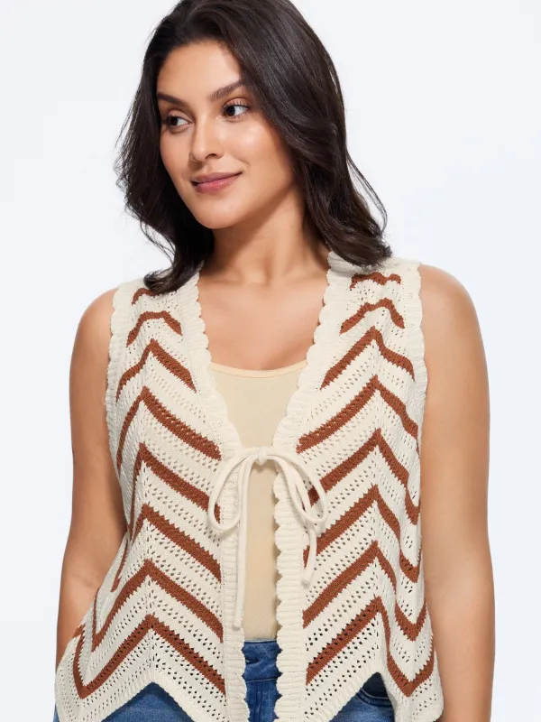 Scallop Edge Chevron Knit Front Tie Sweater Vest made by Bloomchic