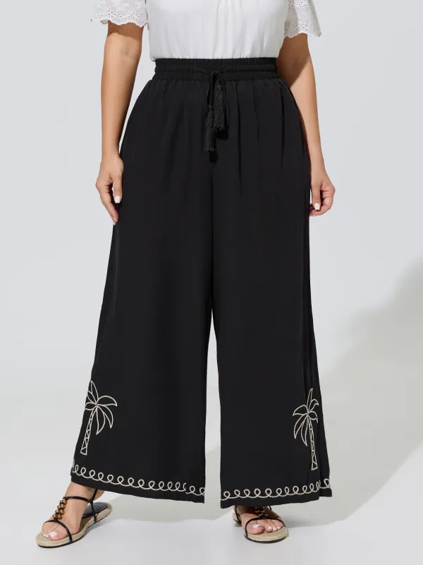 Palm Embroidery Tassel Drawstring Wide Leg Pants made by Bloomchic