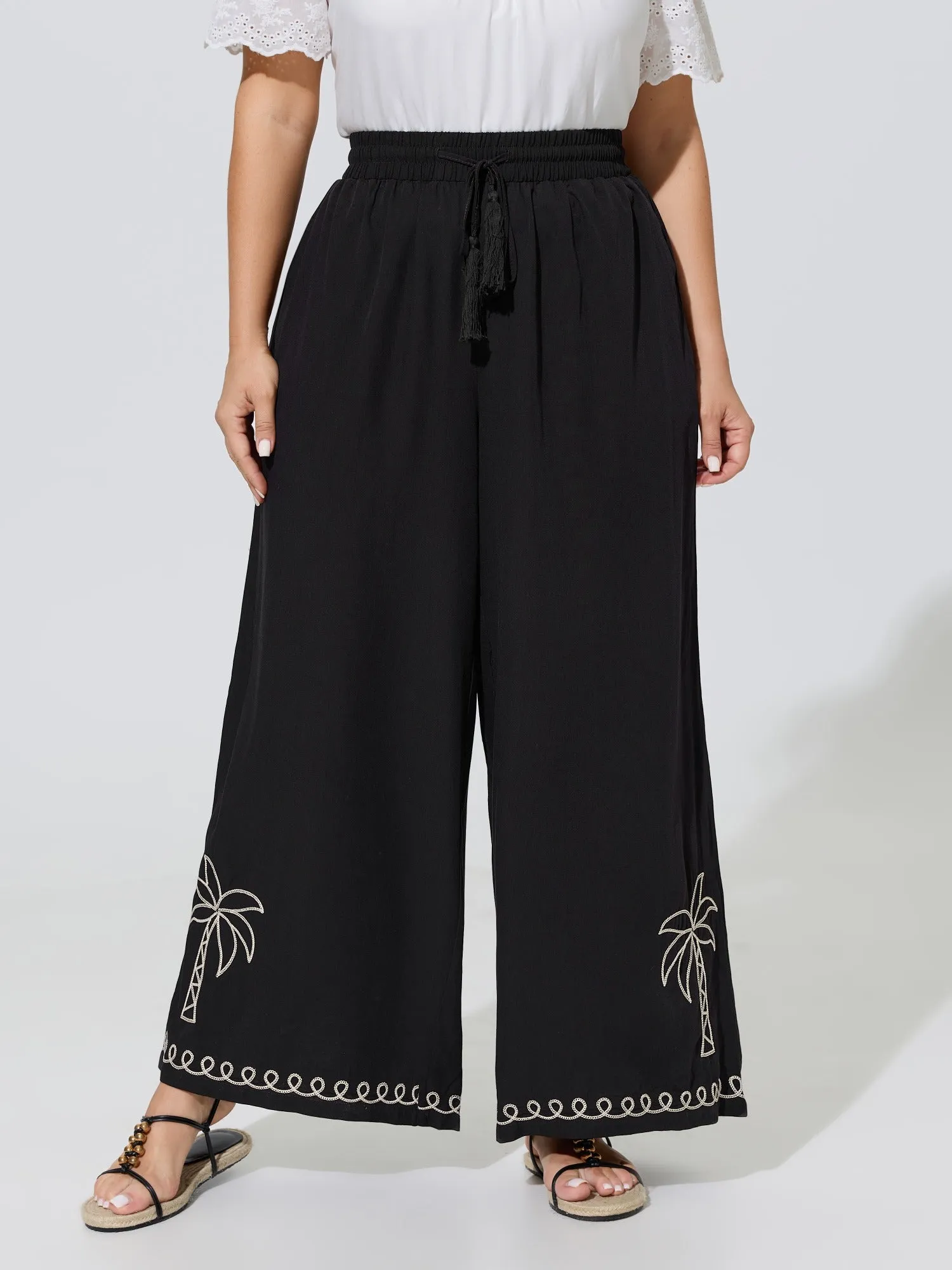 Palm Embroidery Tassel Drawstring Wide Leg Pants sold by Bloomchic