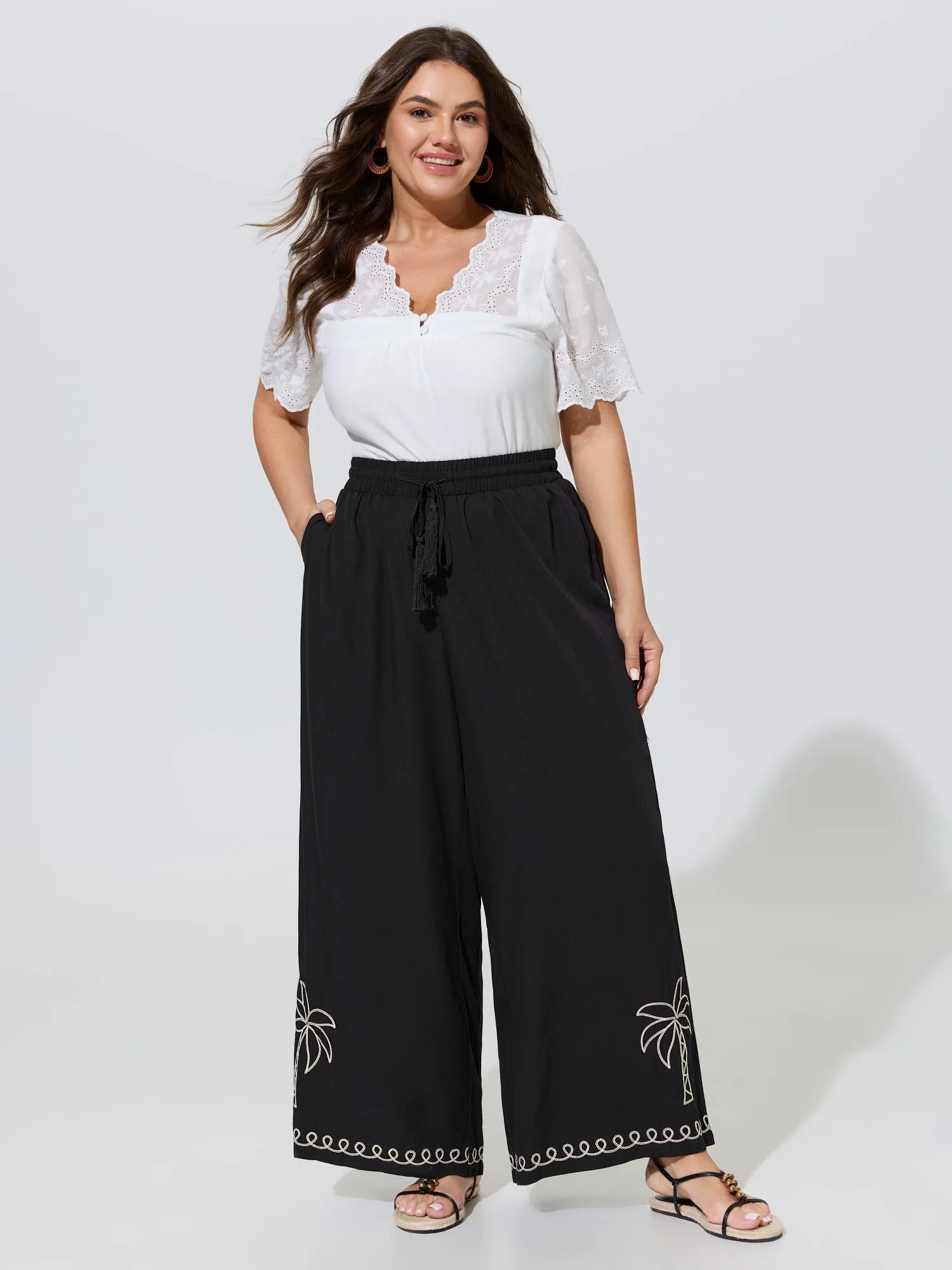 Palm Embroidery Tassel Drawstring Wide Leg Pants sold by Bloomchic product image thumbnail 2