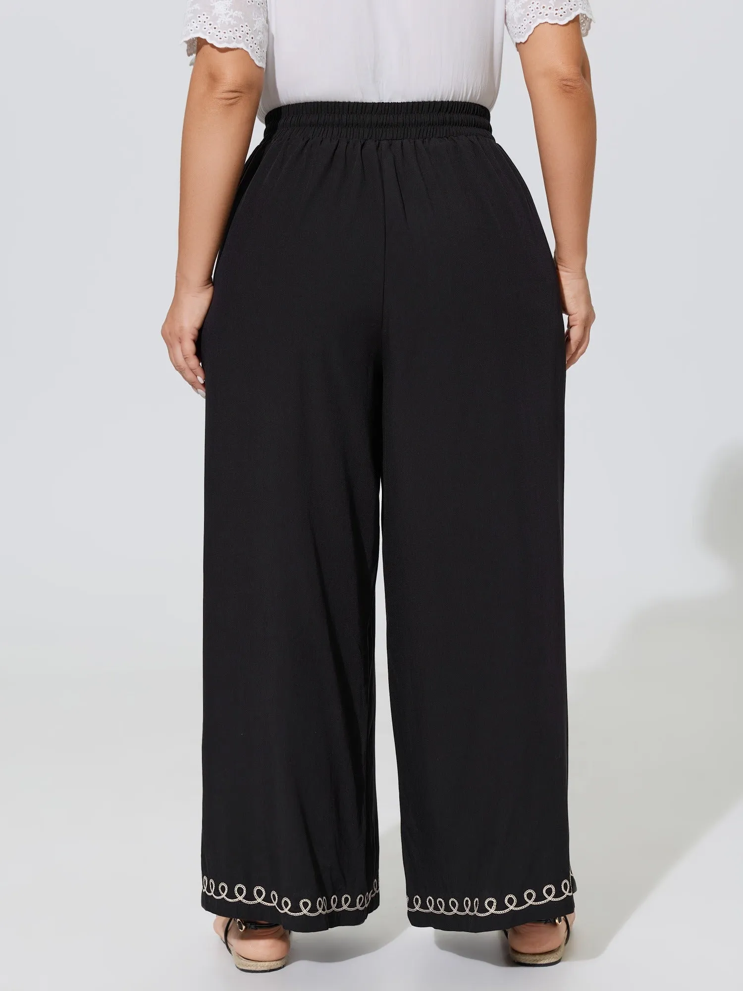 Palm Embroidery Tassel Drawstring Wide Leg Pants sold by Bloomchic product image thumbnail 3