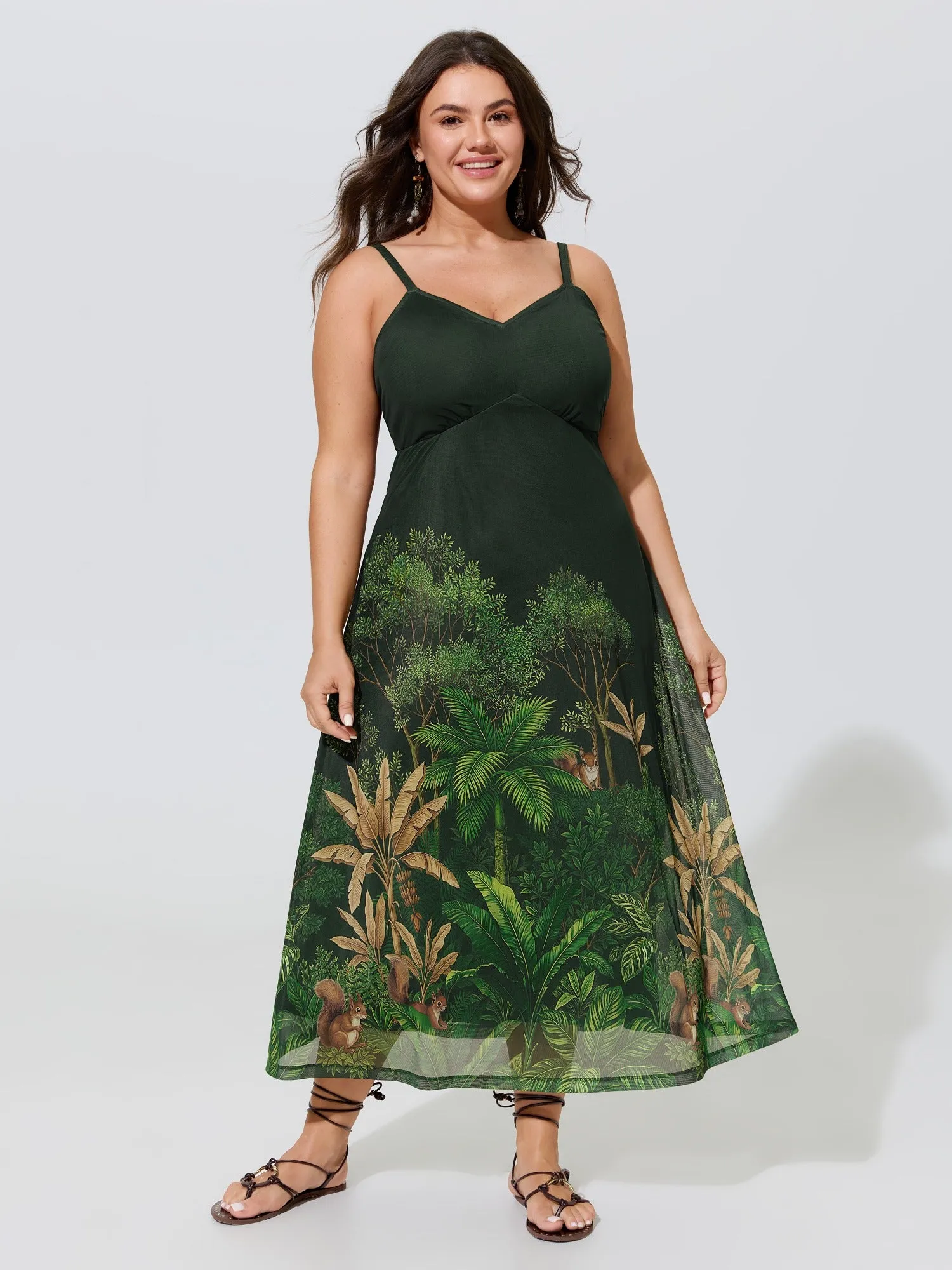 Jungle Print Mesh Spaghetti Strap Midi Dress sold by Bloomchic