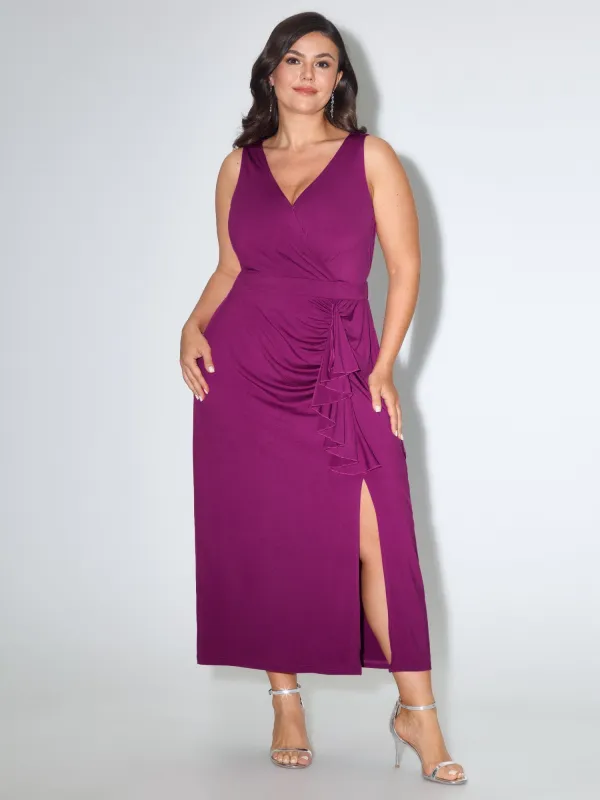 Surplice Neck Side Ruched Slit Bodycon Maxi Dress made by Bloomchic