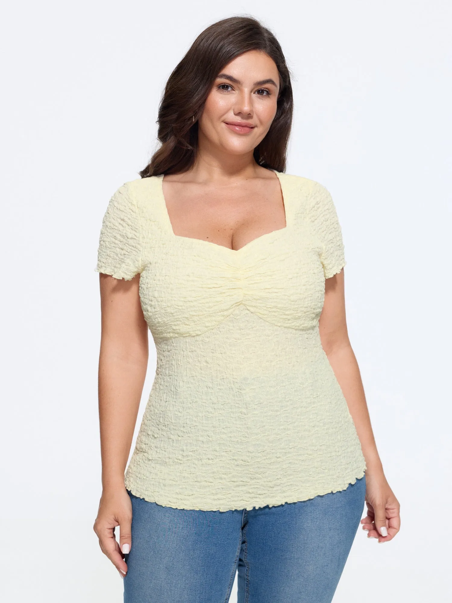 Textured Stretchy Square Neck Front Ruched Blouse sold by Bloomchic