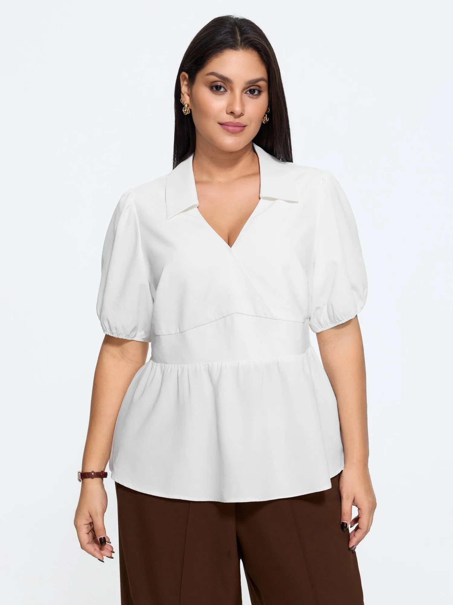Plain Surplice Neck Shirred Waist Blouse sold by Bloomchic