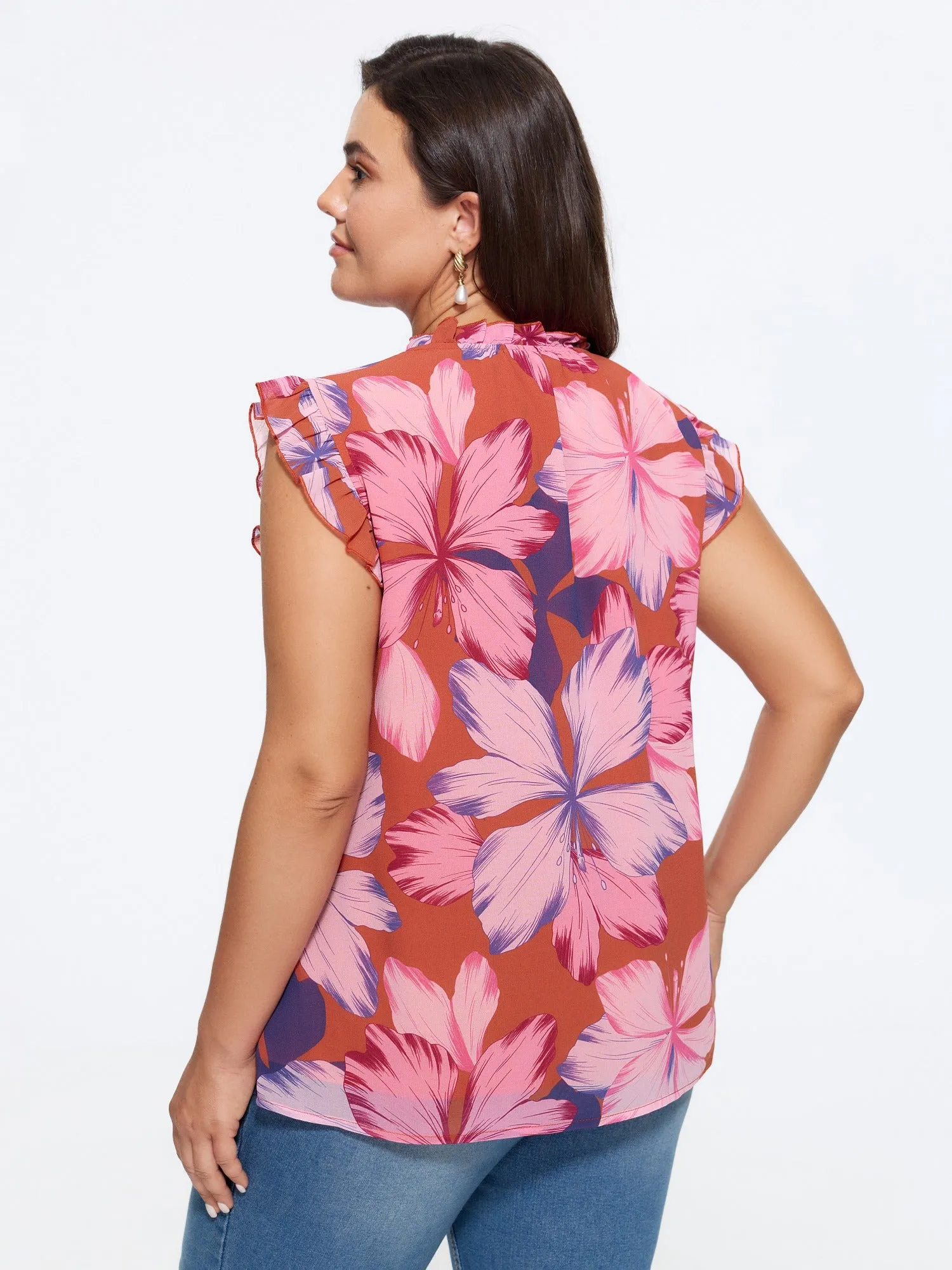 Large Floral Print Mock Neck Flutter Sleeve Blouse sold by Bloomchic product image thumbnail 3