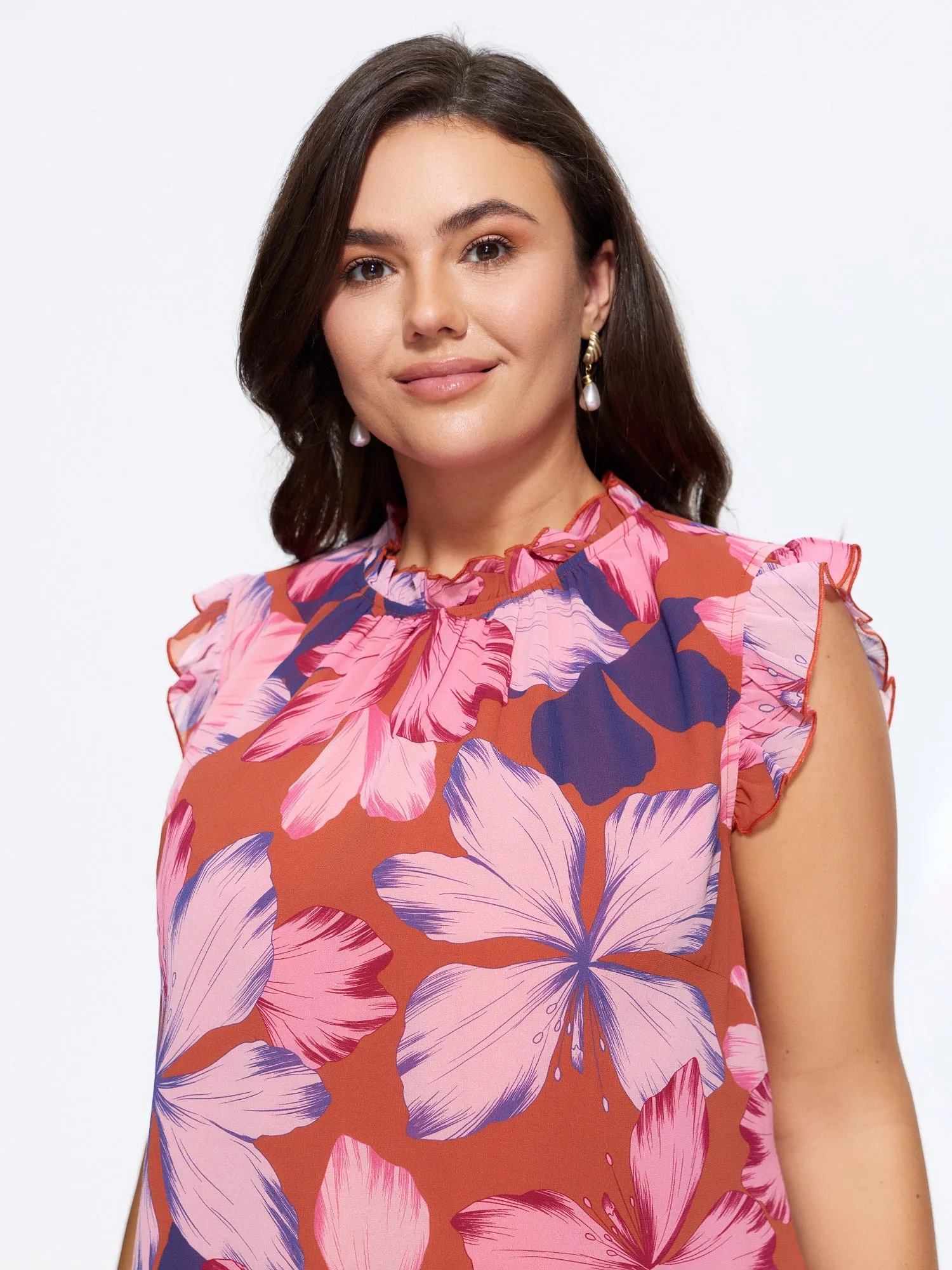 Large Floral Print Mock Neck Flutter Sleeve Blouse sold by Bloomchic product image thumbnail 2
