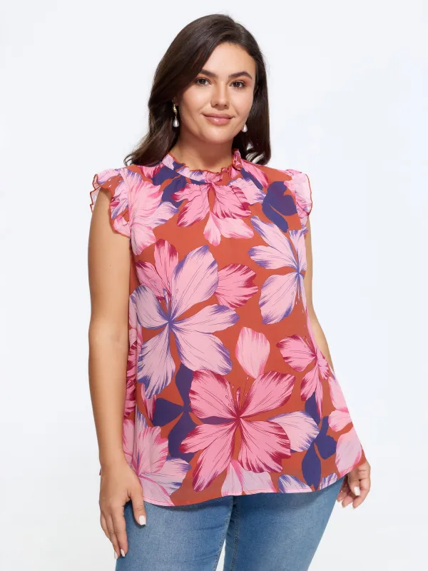 Large Floral Print Mock Neck Flutter Sleeve Blouse made by Bloomchic