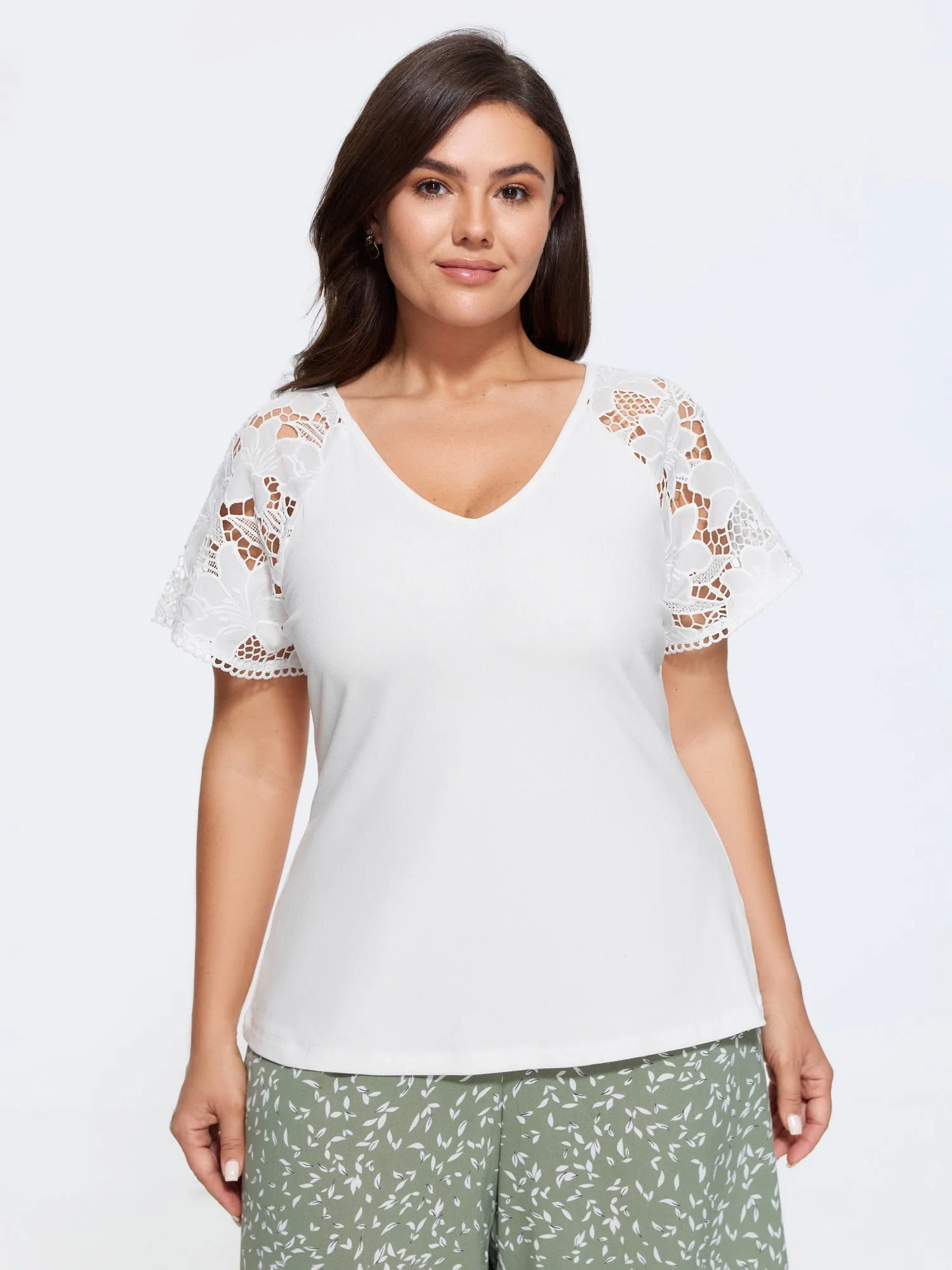 V-Neck Lace Sleeve T-Shirt sold by Bloomchic