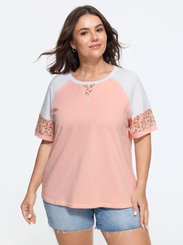 Cotton Floral Print Raglan Sleeve Patchwork T-Shirt made by Bloomchic