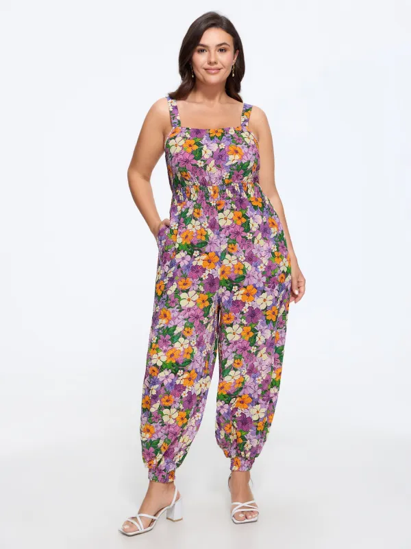 Multi Floral Print Shirred Waist Jogger Jumpsuit made by Bloomchic