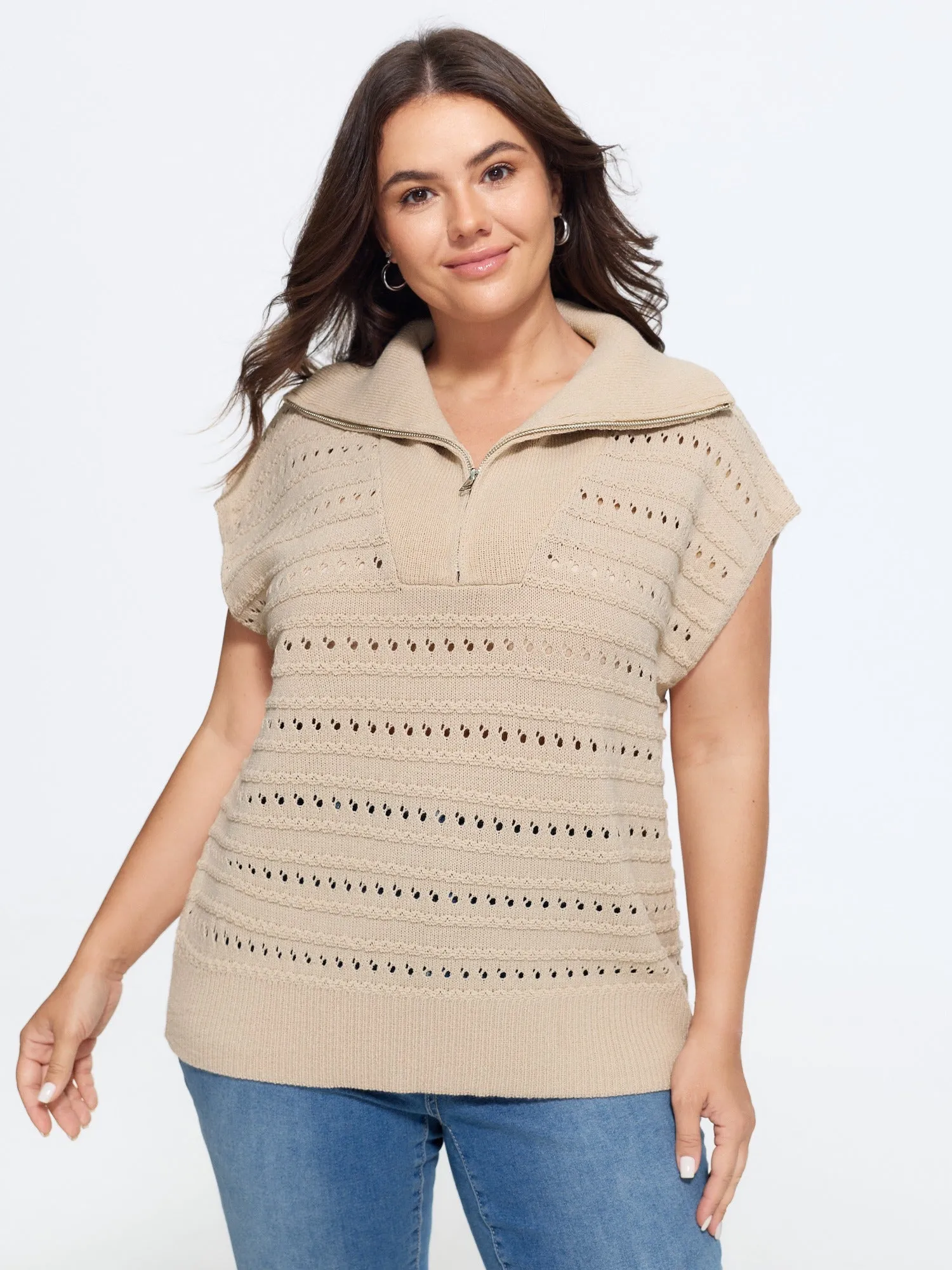 Lapel Collar Half Zip Cut Out Sweater Vest sold by Bloomchic