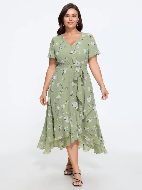 Floral Print Ruffle Wrap Tie Midi Dress made by Bloomchic