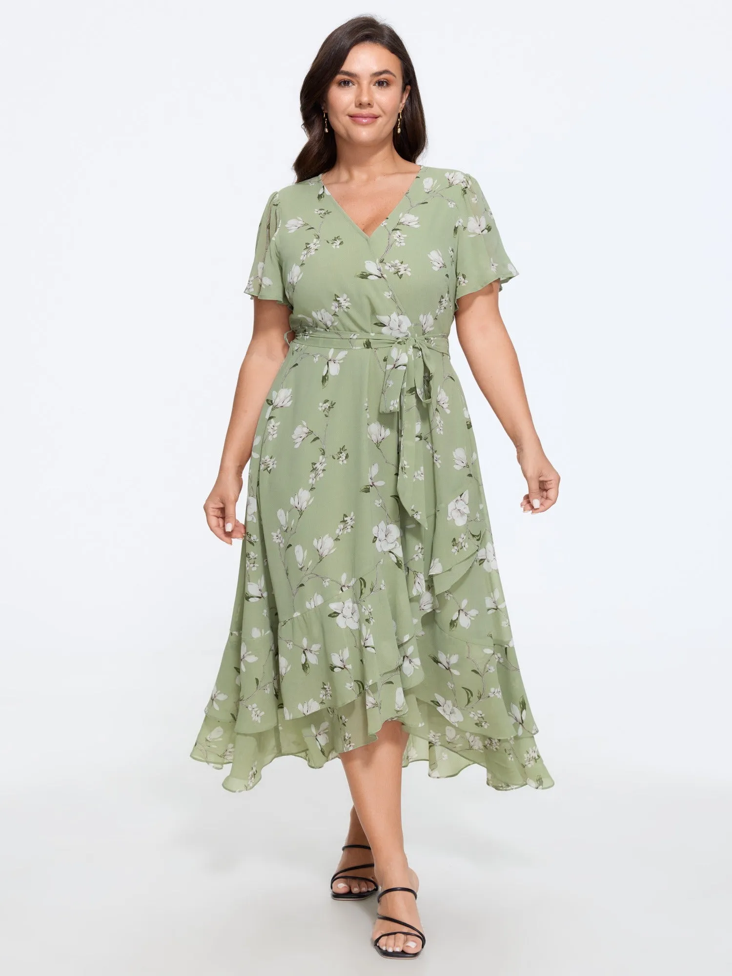 Floral Print Ruffle Wrap Tie Midi Dress sold by Bloomchic