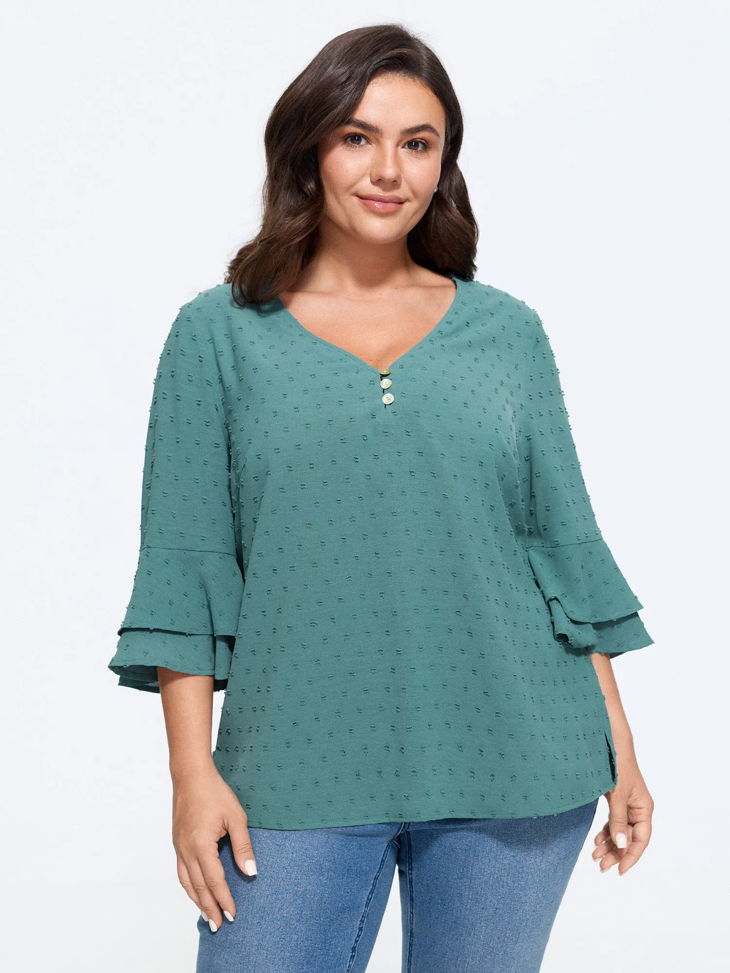 Textured Layered Flare Sleeve Blouse sold by Bloomchic