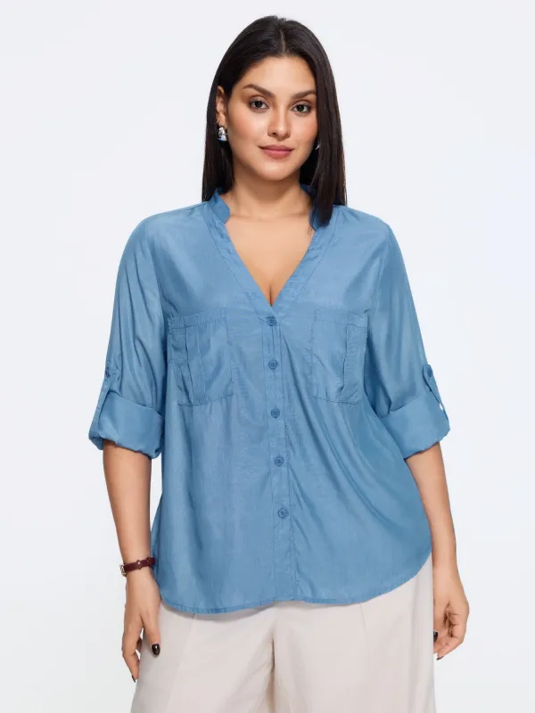 Plain Tab Sleeve Dual Pocket Blouse made by Bloomchic
