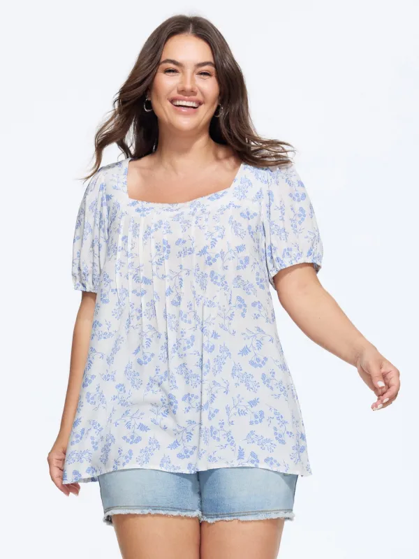 Supersoft Floral Print Square Neck Pleat Blouse made by Bloomchic