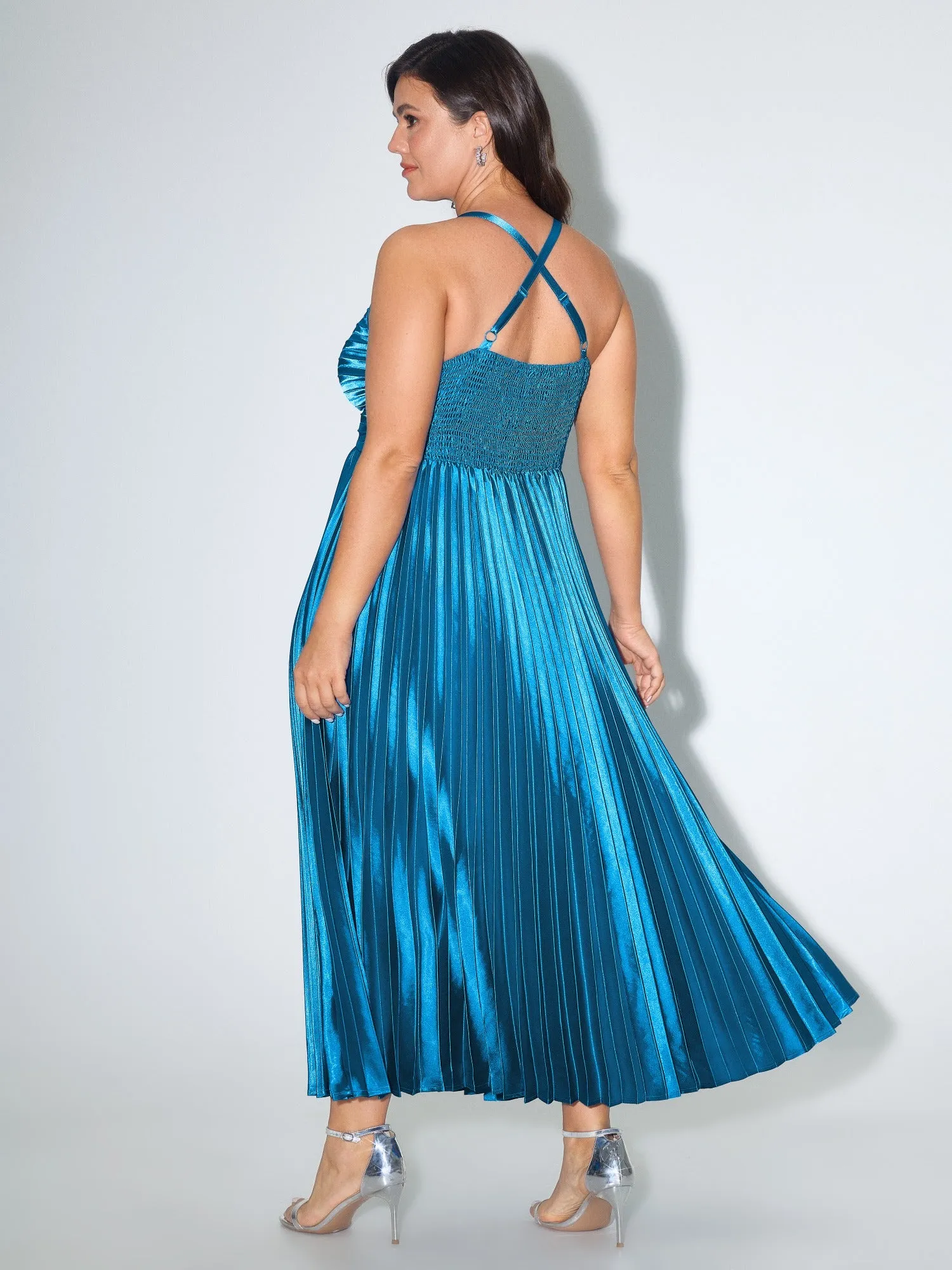Satin Ruched Shirred Cross Back Pleated Maxi Dress sold by Bloomchic product image thumbnail 3