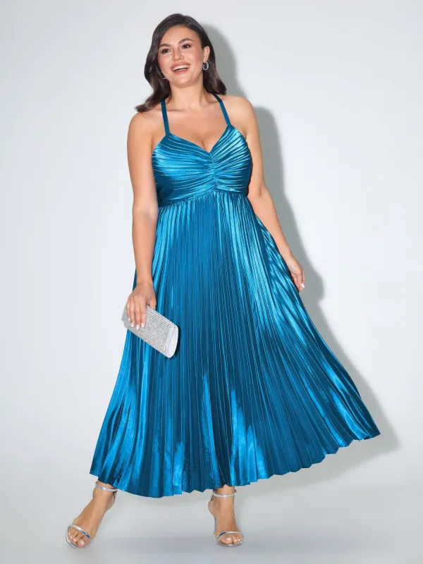 Satin Ruched Shirred Cross Back Pleated Maxi Dress made by Bloomchic