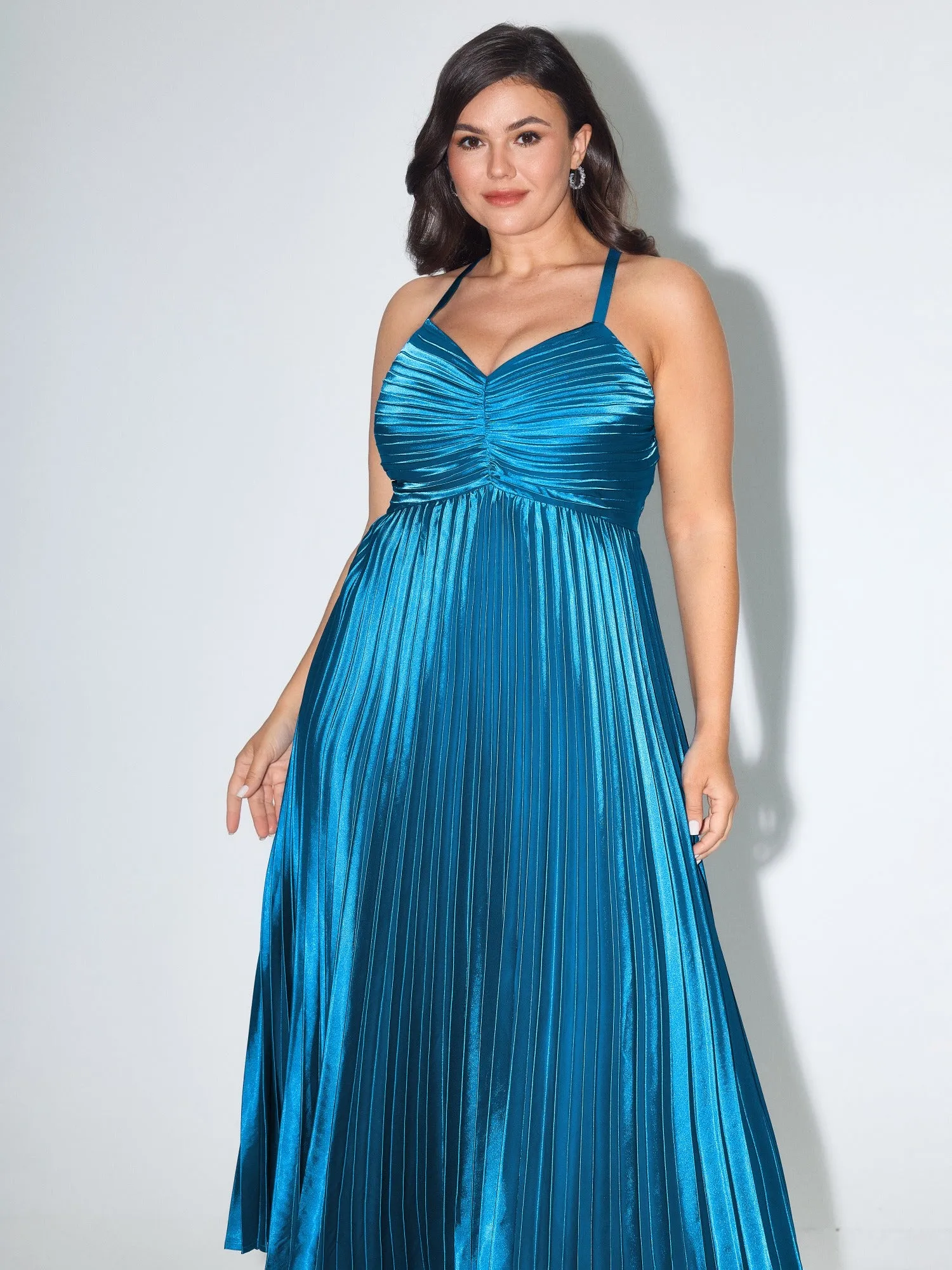 Satin Ruched Shirred Cross Back Pleated Maxi Dress sold by Bloomchic product image thumbnail 4