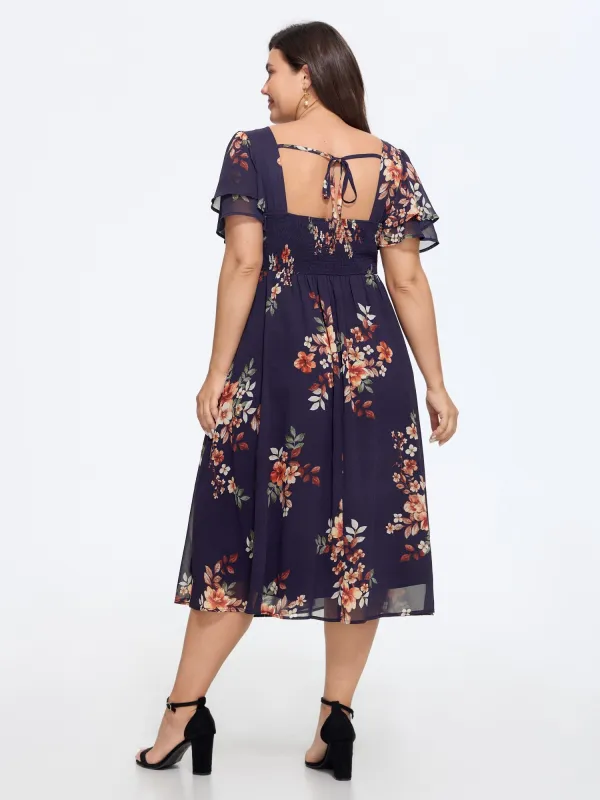Floral Print Sweetheart Neck Back Tie Midi Dress made by Bloomchic